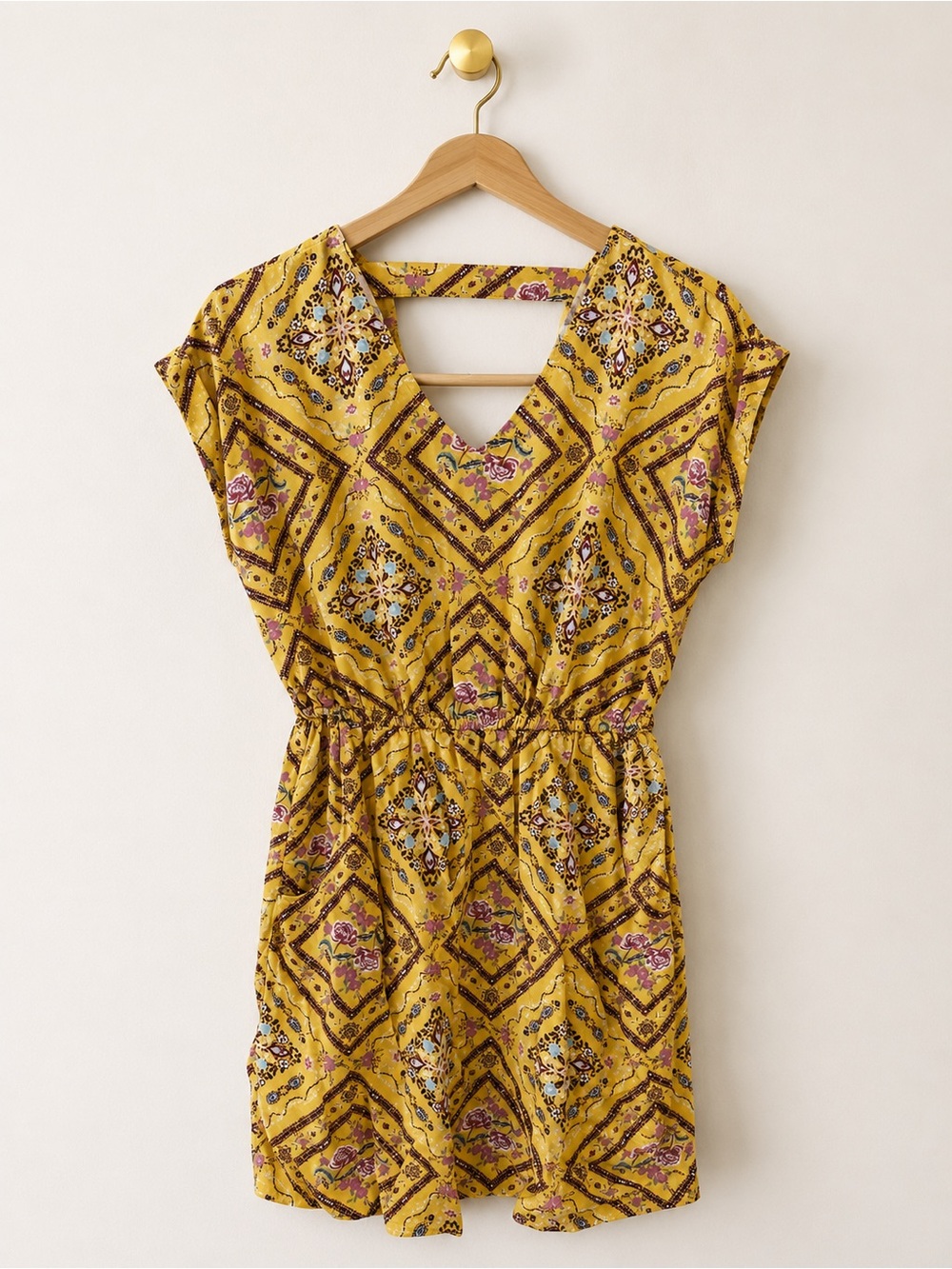 Pink Rose Mustard Yellow Boho Floral Print Mini Dress XS 100% Rayon